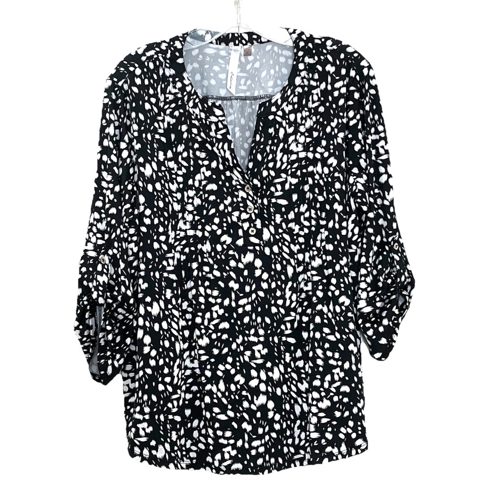 NY Collection Women's Top L Black White‎ Pleated Pullover Roll-Tab-Sleeve Career